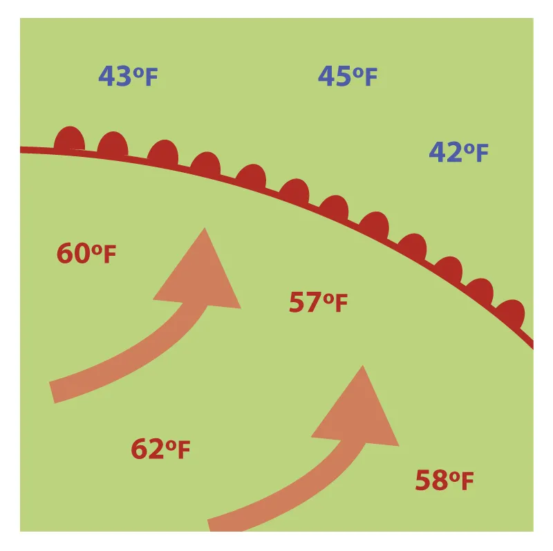 Map showing a warm front moving in from the bottom left