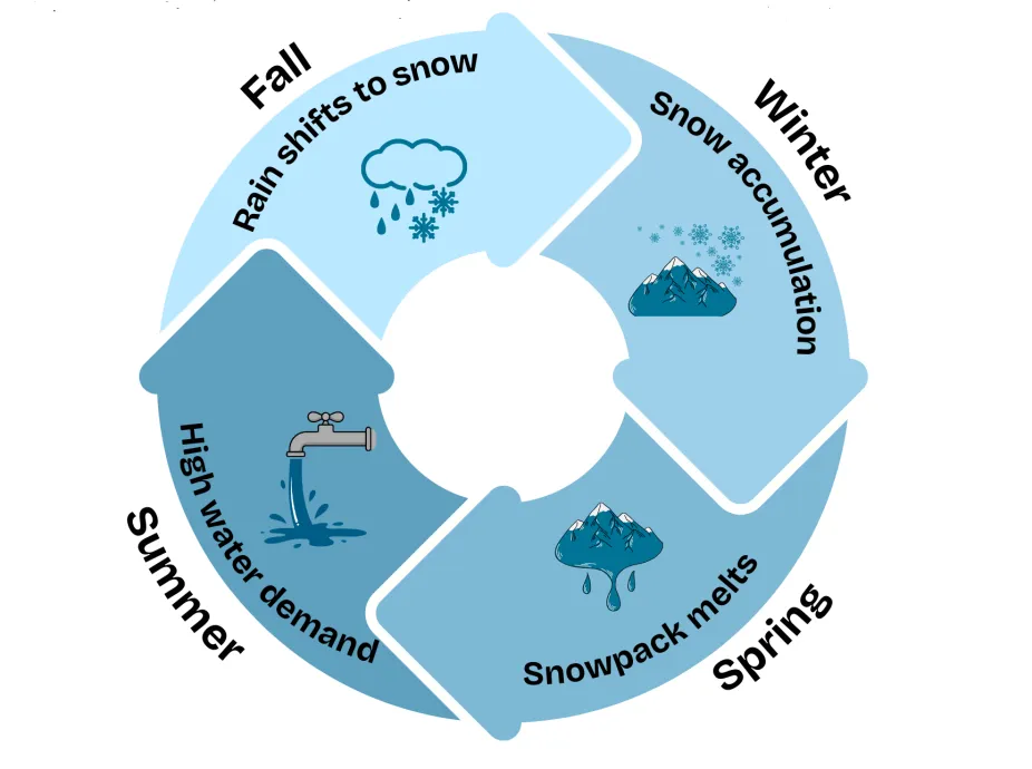 A graphic of the form of water across the seasons from snow to rain