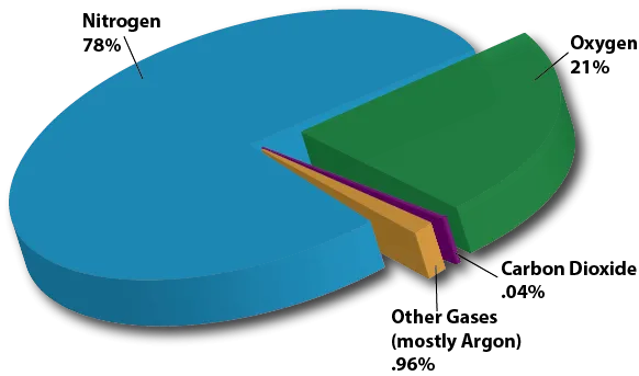 Pie chart showing the gases that make up the atmosphere: Nitrogen (78%), Oxygen (21%), Inert Gases- mostly Argon (.96%), and Carbon Dioxide (0.04%).