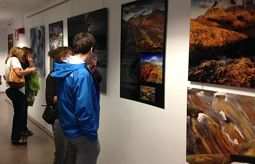 Visitors viewing art installation at the NCAR Mesa Lab.