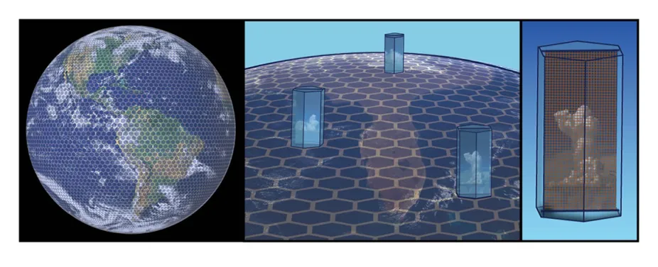There are three images: the first shows the Earth covered in hexagon shaped grids; the second shows the atmospheric conditions within three of the hexagon shaped areas above the surface; the third shows a close up of one of the hexagon shaped areas and the smaller grid coordinates within it. 