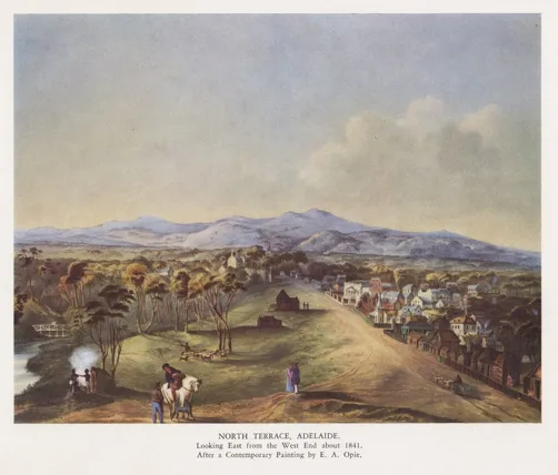 This is a painting of the Southern Australian hill country, showing a village in the foreground and snow covered mountains in the background.