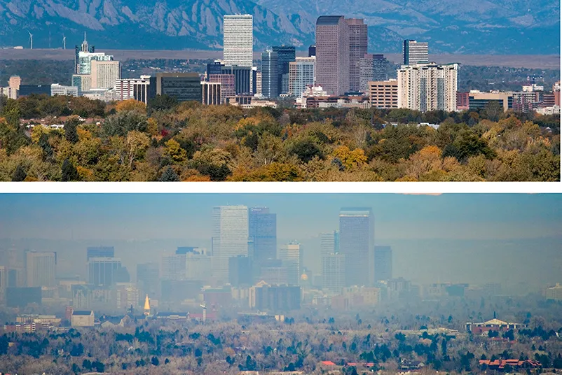 This is a photo of Denver, Colorado on a day with good air quality with clear skies (top) and on a day with poor air quality with hazy skies (bottom).