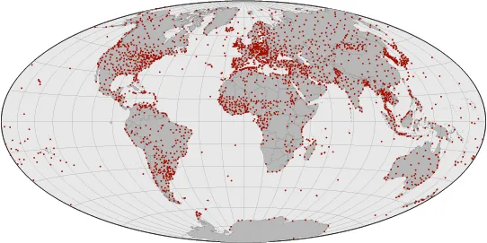 This is a world map that shows the location of all the weather stations on the Earth. There are locations scattered throughout the world, with higher concentrations of stations in the US, Europe, West Africa, East Asia, and souther South America.