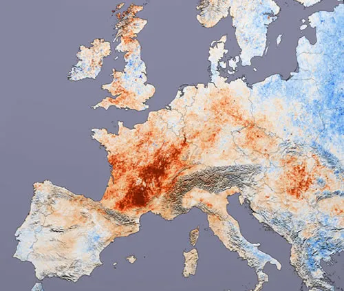 Map of Europe showing areas of most intense heat during the 2003 heat wave