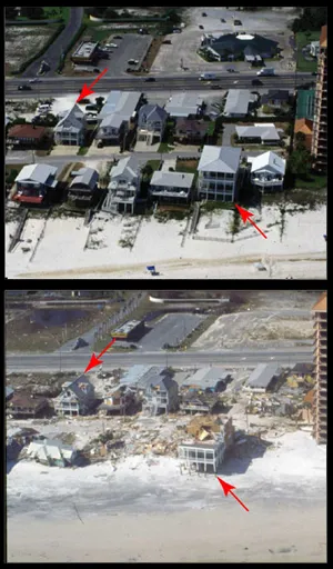In the before image, there are two rows of houses along a beachfront. In the after image, all of the houses are damaged and only two houses remain standing. There is sand and debris covering the ground around the houses.