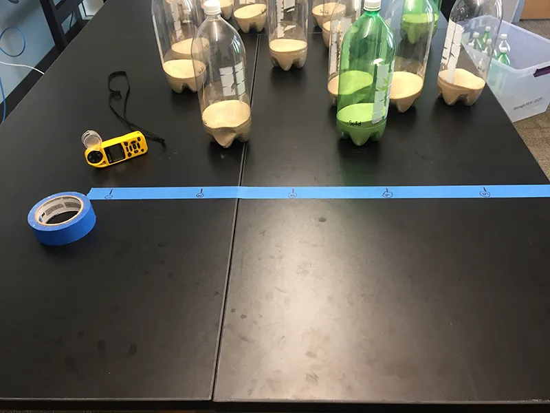 Tape on a table representing where wind will be measured