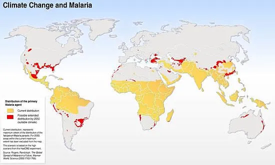 Map of climate change and malaria. As the climate changes, more areas further from the equator will become suitable for malaria.