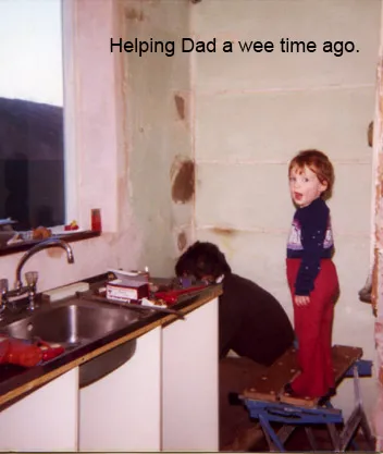 Mari Tye helping her Dad rennovate a bathroom when she was young