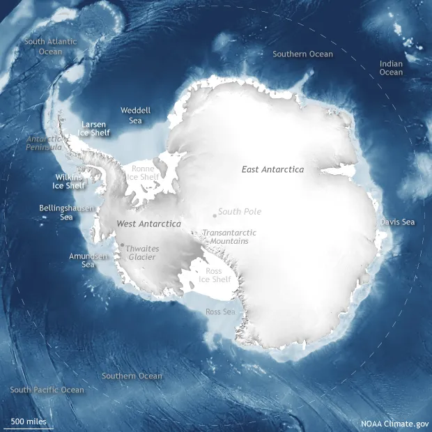 Map of Antarctica showing ice shelves