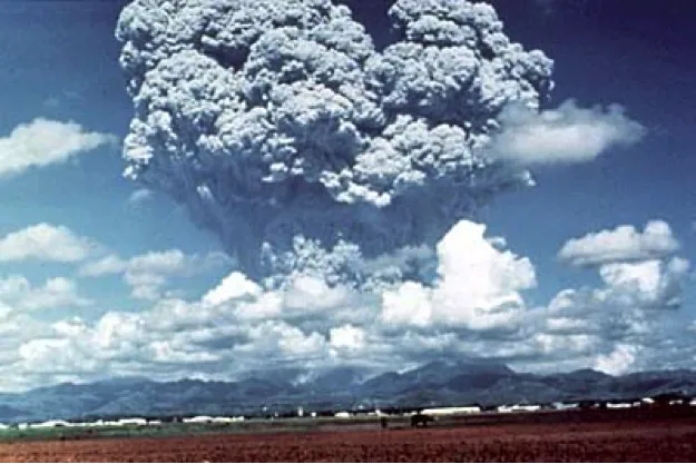 Eruption of Mount Pinatubo viewed from the ground several miles away
