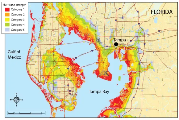 Map of maximum storm surge by hurricane category in Tampa Bay, Florida