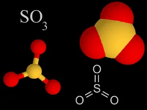 Four representations chemists use for sulfur trioxide. In the models, one color is sulfur and the other color is oxygen.