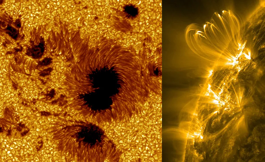 Solar Active Regions: Sunspots on the left and UV image of the Sun on the right