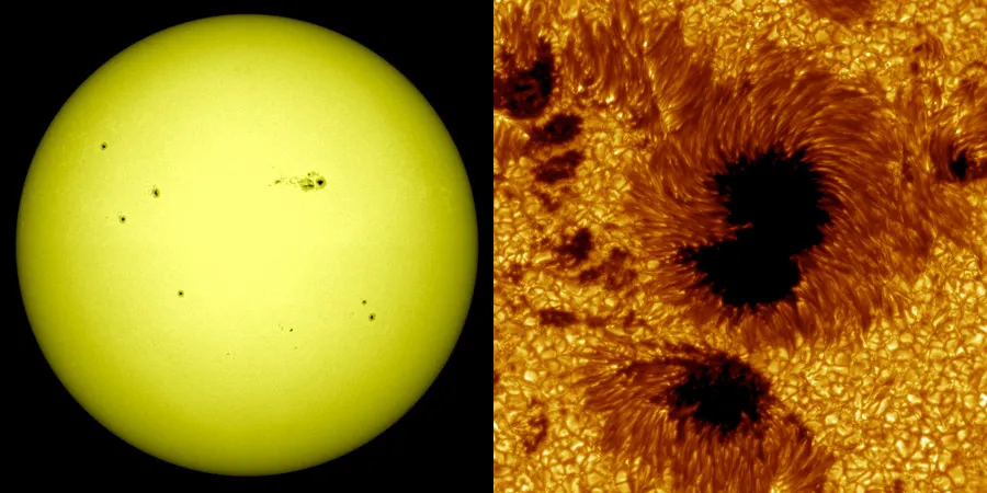 Two views of sunspots, on the left viewing the entire photosphere and on the right a close up of two large sunspots.