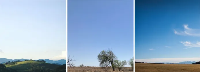 Three photos of the sky that show how its color can be pale to deeper blue