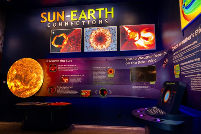 Sun-Earth Connections Exhibit at NSF NCAR Mesa Lab contains a large illuminated Sun and several interactive and tactile elements.