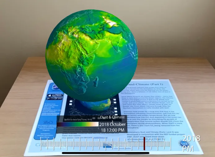 A augmented reality visualization of the Earth and dust circulating in the atmosphere. This is an example of what the MeteoAR activity looks like.