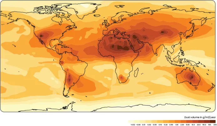 A map of the world showing locations of dust deposition under current climate conditions with highlighted deserts which are the dust source regions of the world.