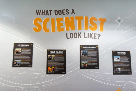 The center of the exhibit with large text that says, “What Does A Scientist Look Like?” with four scientist profiles below.