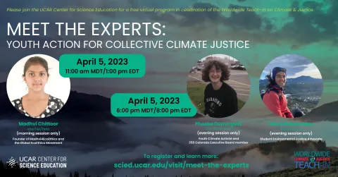 A digital graphic for the April 5th Meet the Experts program titled "Youth Action For Collective Climate Justice."