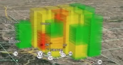 A digital graphic of the Denver, Colorado, USA area with stacked bars on top that indicates ozone levels at various heights in the atmosphere. 