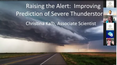 A photo of a thunderstorm with a single lightning bolt hitting the ground. The speaker Dr. Christina Kalb is on the right side of the frame.