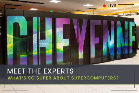 A photo of the display in front of the supercomputer that says it's name "Cheyenne" in big colorful letters.