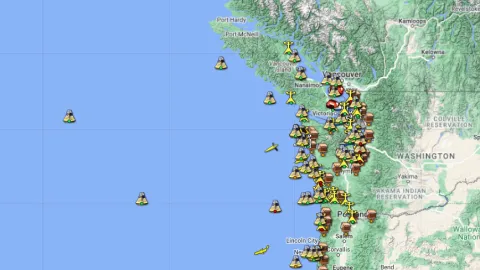 A map of ocean observing stations in the Pacific northwest.