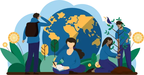 An illustration of people outdoors planting trees, writing in a journal, and on a hike with a giant Earth in the background.