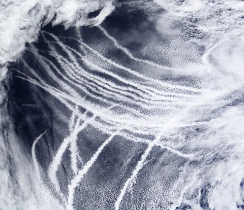 Ship tracks across the ocean appear as thin trails of white clouds, criss-crossing across the water.