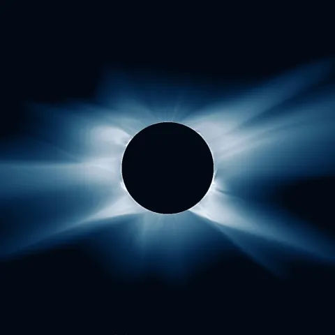 The Sun's corona shines out from behind the black disk of the Moon during a solar eclipse.