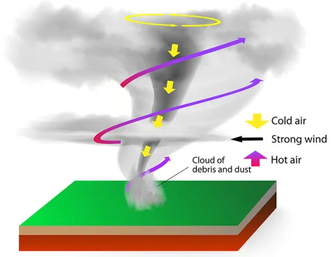 An illustration of a tornado with arrows indicating the direction of airflow. Cold air circling counterclockwise at the top and then downward through the center, hot air spiraling counterclockwise up from the surface, strong wind moving parallel to the ground, and a cloud of debris and dust rising up from the surface. 