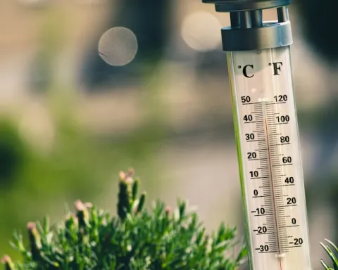 image of a thermometer outdoors on a hot day
