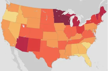 A map of the US showing annual mean temperature by state
