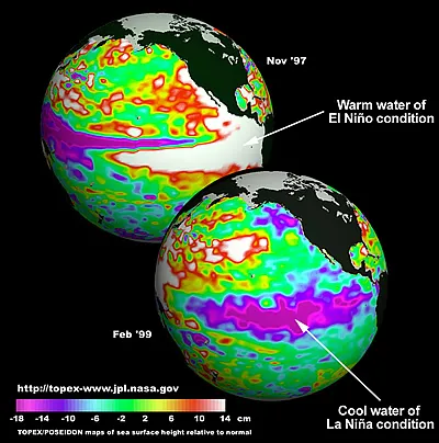 Vvisualization of how El Nino Southern Oscillation causes a tongue of warm water to extend across the equatorial Pacific during El Niño and a tongue of cold water during La Niña 