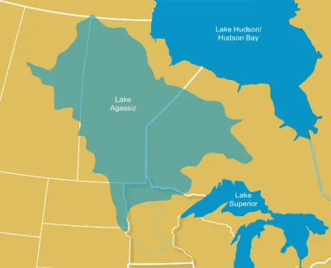 Map of where the Glacial Lake Agassiz was located in North America. The Glacial Lake Agassiz covered much of the Canadian province of Manitoba, extending into Saskatchewan and Ontario, and south into North Dakota and Minnesota.