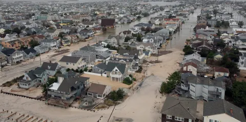 Aerial view of houses flooded in New Jersey by Hurricane Sandy