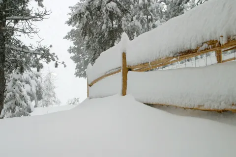 A thick layer of snow on a fence