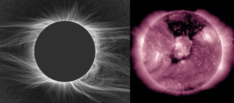 Sun's corona - during eclipse (left) and UV image (right)