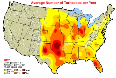 Map of Tornado Alley showing the average number of tornadoes per year.