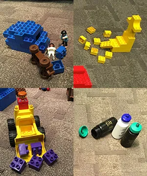 A collage of four images showing buildings, vehicles, and people of Disasterville created using legos and other toys.