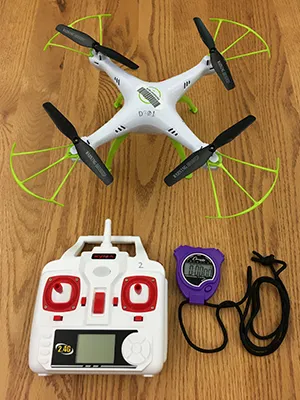 Materials for the "How fast can my drone fly?" activity: drone, controller, and stopwatch