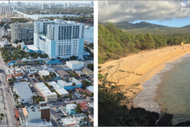 Beaches along developed coasts, like Miami Beach on the left, are more likely to be affected by coastal squeeze than beaches on undeveloped coasts, like the Maui, Hawai’i, beach on the right. 