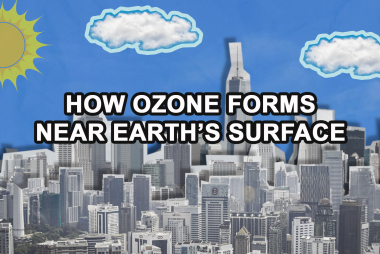 A cityscape with the Sun and clouds in the sky and the title "How Ozone Forms Near Earth's Surface."